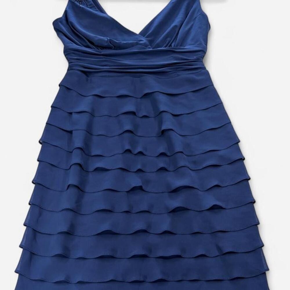 SL Fashions Midnight Blue Tiered Chiffon Beaded Shoulder Cocktail Dress 6 NWT